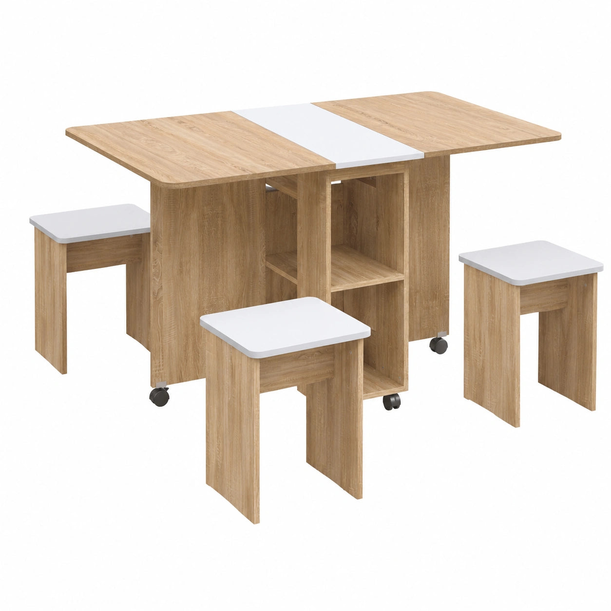 Esstisch – mit 4 Stühlen, 120 × 80 × 80 cm, klappbar, mit Ablagen, mit Rollen, aus Eichenholz, für Esszimmer und Küche - zorexan