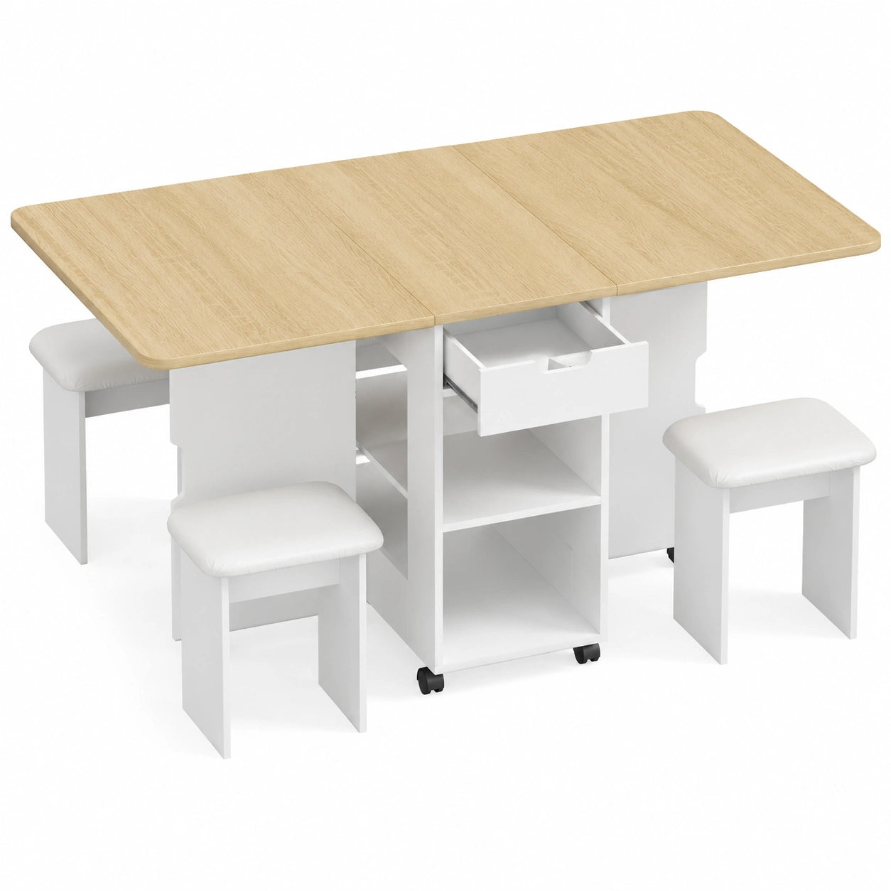 Esstisch – mit 4 Stühlen, 140 × 80 × 75 cm, klappbar, mit Schubladen, mit Ablagen, mit Rollen, aus Eichenholz, für Esszimmer und Küche - zorexan